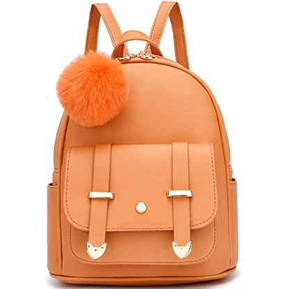 I IHAYNER Girls Fashion Backpack Mini Backpack Purse for Women Teenage Girls Purses PU Leather Pompom Backpack Shoulder Bag - color: Orange