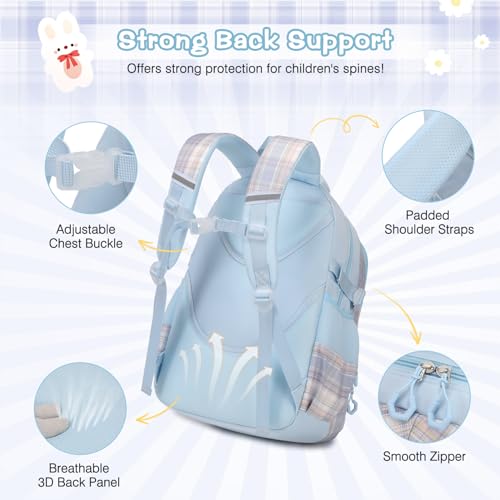 FIXITOK 3PCS School Backpack for Girls, Girls Backpack with Lunch Box, Pencil Case, Cute Kawaii Plaid Book Bag for Teen Girl Kindergarten Elementary Preschool Middle High School, Blue - color: Blue