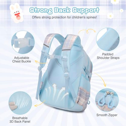 FIXITOK 3PCS School Backpack for Girls, Girls Backpack with Lunch Box, Pencil Case, Cute Kawaii Plaid Book Bag for Teen Girl Kindergarten Elementary Preschool Middle High School, Blue - color: Blue