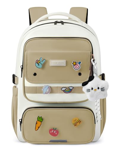 LOVEVOOK School Backpack for Teen Girl, Cute Bookbag with Large Bottle Holder, Lightweight Elementary Middle High School Student Backpack Fits 15.6 Inch Laptop, Back to Schools Kid Gift, Khaki-Cream - color: Khaki - Cream, size: 15.6 Inch