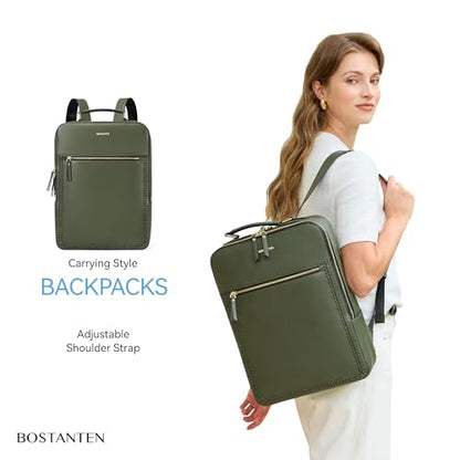 BOSTANTEN Leather Backpack 15.6 inch Laptop Bag Travel Casual Computer Backpack College Business Work Shoulder Bags with Trolley Sleeve for Women Men Olive Green - color: Olive Green