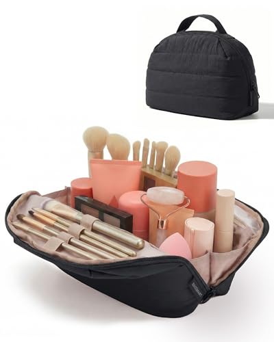 BAGSMART Travel Makeup Bag for Women, Portable Fold-down Cosmetic Case, Puffy Padded Make Up Organizer Pouch, Water-resistant Toiletry Bag for Toiletries, Brushes, Black - color: Black