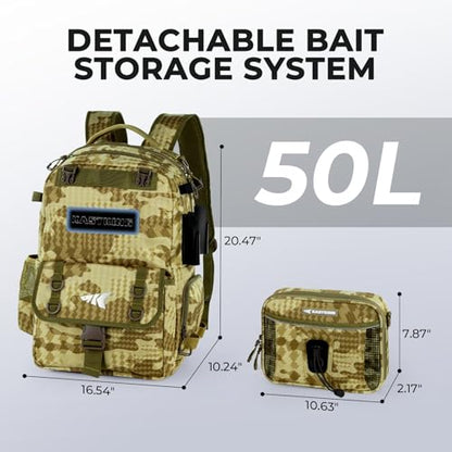 KastKing BaitSpace Fishing Tackle Backpack with Removable Bait Binder,2 Rod Holders Storage Fishing Gear and Equipment - color: H: Khaki Camo（without Tackle Box）