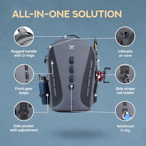 Xelfly Waterproof Fishing Backpack G2 with Rod Holder, Inflatable Air Valve, Padded Waist Straps & Gear Loops - Submersible Zipper, Rugged Top Handle, Adjustable Attachments (Gray) - color: Gray, size: G2 Backpack