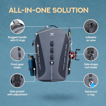 Xelfly Waterproof Fishing Backpack G2 with Rod Holder, Inflatable Air Valve, Padded Waist Straps & Gear Loops - Submersible Zipper, Rugged Top Handle, Adjustable Attachments (Gray) - color: Gray, size: G2 Backpack