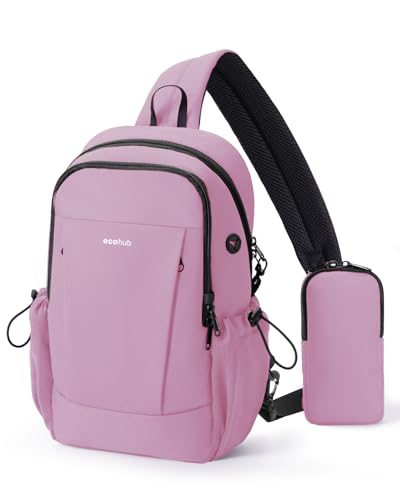 ECOHUB Anti-Theft Crossbody Bag Men Women, RFID Blocking Lightweight Sling Backpack Eco-Friendly with 9 Pockets Sturdy SBS Zippers Water Resistant for Travel Work Hiking Outdoor, Pink - color: Pink