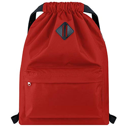 Vorspack Drawstring Backpack Water Resistant String Bag Sports Gym Sack with Side Pocket for Men Women - color: Red