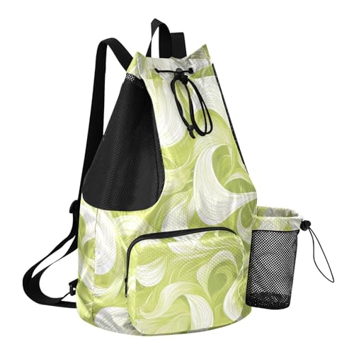Drawstring Gym Sackpack With Pockets Mens Drawstring Bags with Wet Dry Compartments Leaf Wave Pattern Green