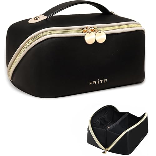 Prite Makeup Bag for Women Travel Waterproof Vegan Leather Cosmetic Bag Open Flat Toiletry Bag With Clear Divider and Handle (Black, Large) - color: Black, size: Large
