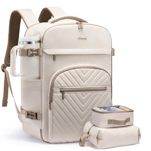 LOVEVOOK 40L Travel Backpack for Women Men, TSA Personal Item Travel Bag Fits 17.3inch Laptop, Waterproof Airline Approved Carry On Luggage With 2 Cubes for Weekender Hiking Business, Beige - color: Beige, size: 40L-3Pcs