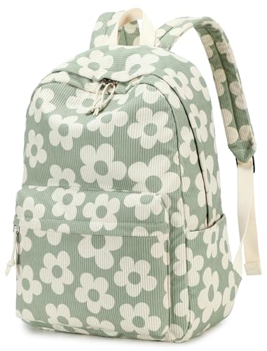 Bluboon School Backpack for Teen Girls Bookbags Elementary High School Corduroy Laptop Bags Women Travel Daypacks - color: Beige Flower Grayish Green