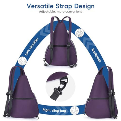 KAVIGOR Pickleball Sling Bag, Convertible Ultra-Light Backpack with Skin-Soft Fabric & Wet/Dry Pocket, Fits 4 Paddles + Gear - color: Dark Purple