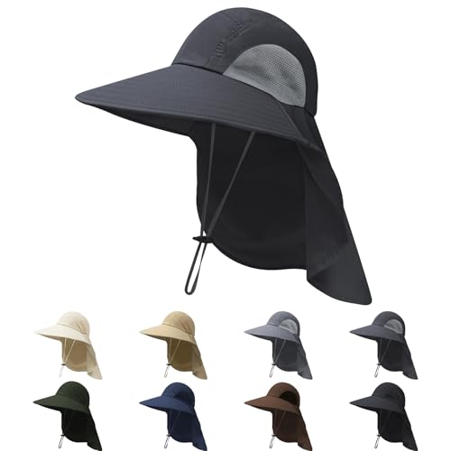 NPQQUAN Sun Hats for Men Women with Neck Flap UPF 50+ UV Protection Wide Brim Bucket Hat Safari Hiking Fishing Hats - color: Darkgray（lightweight）