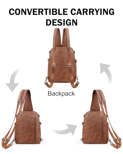 FADEON Large Sling Bag for Women, Designer Leather Crossbody Purse Convertible Sling Backpack, Anti Theft Daypack for Travel - color: 1 Brown Retro Style