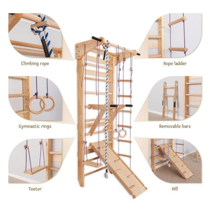 Swedish Ladder Wall Bars with Pull-Up Bar for Kids & Adults – Wooden Stall Bars Home Gym with Gymnastic Rings, Slide, Swing, Climbing Rope & Rope Ladder