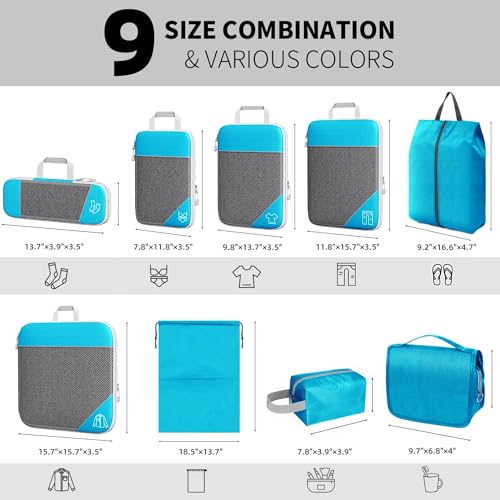 9-Set Packing Cubes with Hanging Bag | 9-Size Combination, Mesh Fabric & Reflective Stripe | Travel Luggage Organizers (sky blue) - color: sky blue