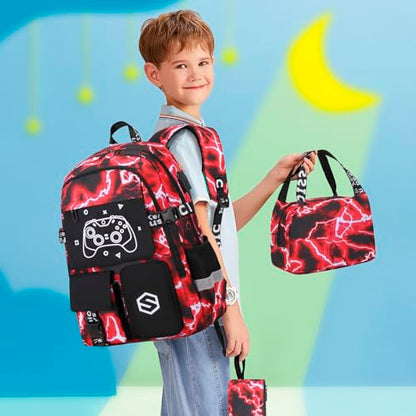 Scothen Boys Backpack, Cool Luminous School Backpacks for Boys with Lunch Bag Pencil Case, Kids Backpack Kindergarten Elementary Middle School Book Bags for Teen Boy Children with USB Charging Port - color: Red Lightning