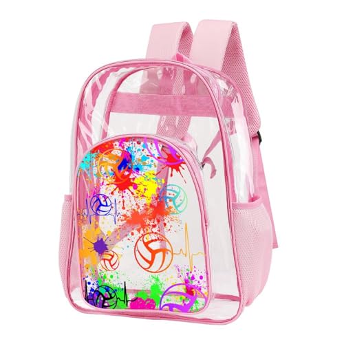 Volleyball Clear Backpack Heavy Duty for Girls Kids Boys Women | Large Cool PVC Volleyball Theme Printing Transparent Backpacks for Schools Stadium Concerts Work - Clear/Pink - color: Volleyball Clear Backpack 1 Pink With Front Pocket