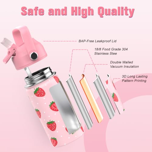 Bevalsa Backpack for Girls, School Bookbag Teen Girls Backpack Set with 14oz Insulated Water Bottle Stainless Steel, Lunch Bag & Pencial Case for Kids Elementary Middle Student (Pink Strawberry) - color: Pink Strawberry