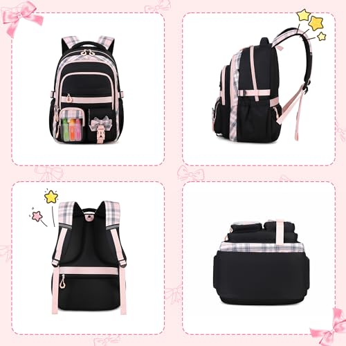 Girls Backpack, 17-Inch Bookbag for Middle & Elementary School, Kawaii Kids Backpack for Girls Ages 6-12(Black Pink) - color: Black Pink
