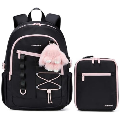 LOVEVOOK School Backpack for Girls, Large Capacity 16 Laptop Backpack with Insulated Lunch Box & Tumbler Pockets, Multi-Compartment Bookbag, Water-Resistant Travel Backpack, Black Pink - color: Black Pink Lunch