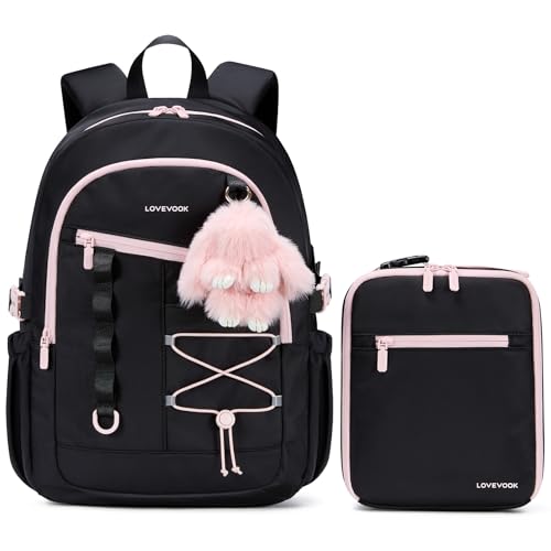 LOVEVOOK School Backpack for Girls, Large Capacity 16 Laptop Backpack with Insulated Lunch Box & Tumbler Pockets, Multi-Compartment Bookbag, Water-Resistant Travel Backpack, Black Pink - color: Black Pink Lunch