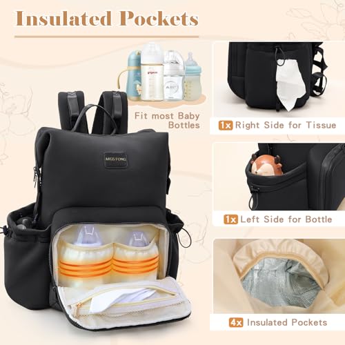 miss fong Diaper Bag Backpack - Baby Diaper Bag Neoprene Bag Large Capacity Neoprene Backpack with Diaper Changing Pad Pañaleras Para Bebe Baby Backpack with 12 Pockets for Mom & Dad -Black - color: Black