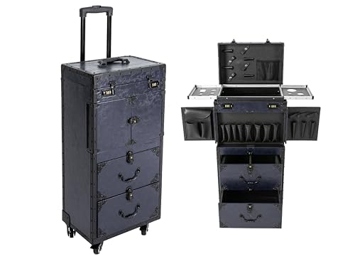 Cosmetic Train Case,Makeup Organizer Travel Case with Multiple Compartments,Rolling Makeup Case,Professional Makeup Casewith Wheels for Make-up Artists - color: Blue 4 Wheels