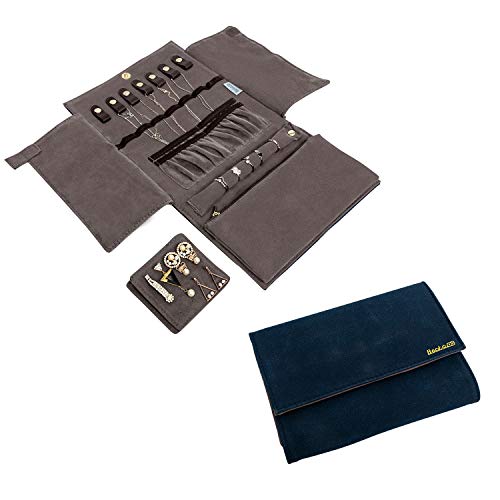 Becko US Jewelry Organizer Roll Travel Jewel Bag case for Multiple Necklaces, Rings, Bracelets, Supple Leather & Suede, Large Capacity Without Crease, Lightweight, Portable & Practical (Dark Blue) - color: Dark Blue