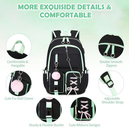 Backpacks for Girls, Girls Backpack with Lunch Box and Pencil Case for Teen Kid Elementary Middle High School College Student, Children Backpack Bookbag with USB Charging Port (Black Green with Chain) - color: Black & Green With Chain