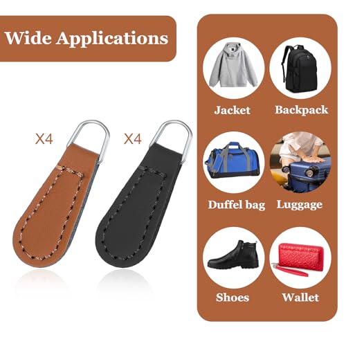 Ymapinc Detachable Pu-Leather Zipper Pull Replacement，8 PCS Universal Zippers Repair Pulls for Purses Black Leather for Luggage Backpacks Suitcases Jackets Purses Slider & Stopper Accessories