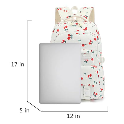 Kids High Middle School Backpack for Girls 5-12 Kawaii Travel Cherry Bookbag,Beige Cherry - color: Beige Cherry