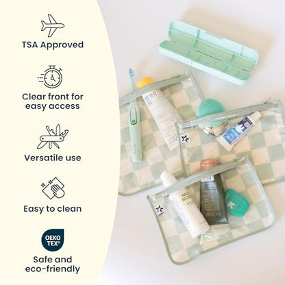 Tiny Twinkle Diaper Bag Organizing Pouches|3 Pack Mess-Proof Clear Front Travel Organizer Bags&TSA Approved Toiletry Bag Set for Baby and Mom Essentials - color: Peacock