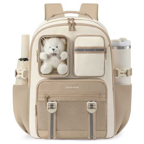 LOVEVOOK Cute School Backpack for Girls Ages 8-14, Bookbag with Plush Bear & Clear Display Pocket, Fits 15.6 Inch Laptop & 40oz Tumbler, Back to School Backpack for Elementary & Middle School - color: Khaki / Off-white