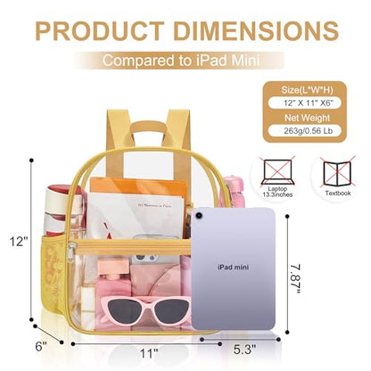 Oraben Clear Backpack Stadium Approved, 12 x 6 x 11 in, Small Transparent Backpack for Concerts, Sports Events, Festivals, Travel, Waterproof PVC, Adjustable Straps, Women Men - color: Gold, style: Nylon Shoulder Straps