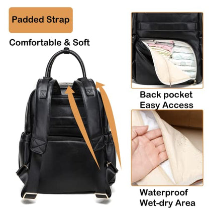 Leather Diaper Bag Backpack for Women with Multiple Pockets,Laptop Compartment and Changing Pad. - color: Black