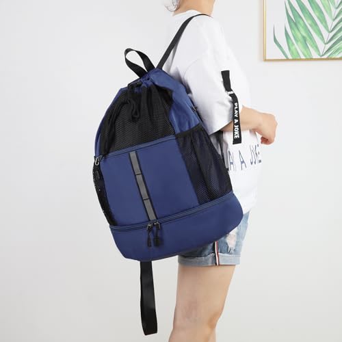 Valleycomfy Drawstring Gym Bag Sports Backpack With Shoe Compartment and Reflective Strips Dark Blue - color: Dark Blue