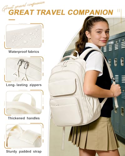 School Backpack for Girls, High Elementary School Laptop Backpack College Student Women Bookbag, Mochilas Escolares para Niñas, Teens Girls Bookbag Casual Daypack, Beige - color: B-beige