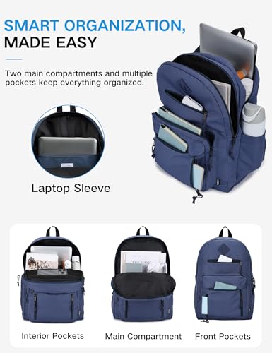 VASCHY School Backpack,Two Compartments Daypack Bookbag Schoolbag for High School Teen Boy Girls/College/Work/Men Women Navy - color: Navy