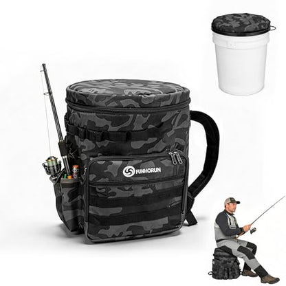 FUNHORUN Fishing Bucket Organizer with 5 Gallon Bucket & 360° Rotating Seat Lid, Fishing Tackle Bag with Backpack Straps, Full Water-Resistant Design & Multi-Pockets (Fishing Tools Not Included) - style: Complete Set (Including Bucket & 360° Rotating Seat