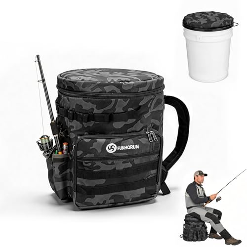 FUNHORUN Fishing Bucket Organizer with 5 Gallon Bucket & 360° Rotating Seat Lid, Fishing Tackle Bag with Backpack Straps, Full Water-Resistant Design & Multi-Pockets (Fishing Tools Not Included) - style: Complete Set (Including Bucket & 360° Rotating Seat
