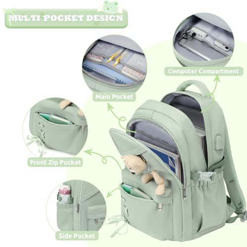 ACESAK School Backpack for Girls - 3 PCS Cute Girls Backpack with Lunch Box & Pencil Case - Kawaii Casual Kids Bookbag School Bag Daypacks Set for Elementary Middle High School Student Teens (Green) - color: Green