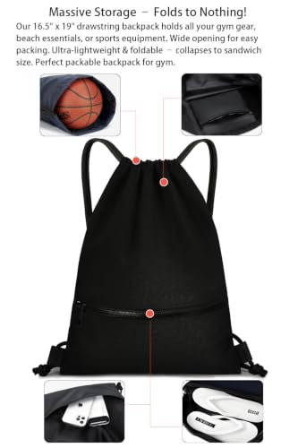 Water-Resistant String Bag for Women Men with Shoes Compartment and Zippered Pocket for Soccer, Basketball, Swim (Black, 16.5 * 19 inches) - color: Black