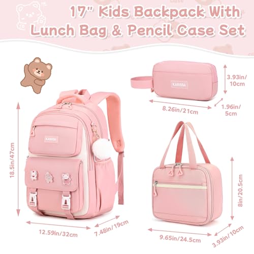 Girls Backpack, 3pcs Sets Kids Backpack for Girls with Anti-theft Back Pocket, Lightweight School Back pack Water Resistant Lunch Bag with Pencil case for Elementary Primary School, Pink - color: Pink 3pcs