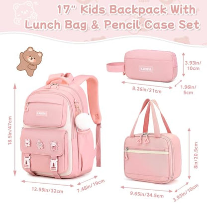 Girls Backpack, 3pcs Sets Kids Backpack for Girls with Anti-theft Back Pocket, Lightweight School Back pack Water Resistant Lunch Bag with Pencil case for Elementary Primary School, Pink - color: Pink 3pcs