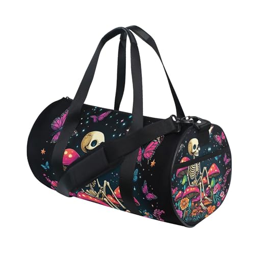 MNSRUU Sports Duffel Bags, Skeleton Sitting on Mushrooms with Butterflies Athletic Gym Bag Overnight Workout Travel Tote Luggage for Men Women Yoga - color: Skeleton A14152