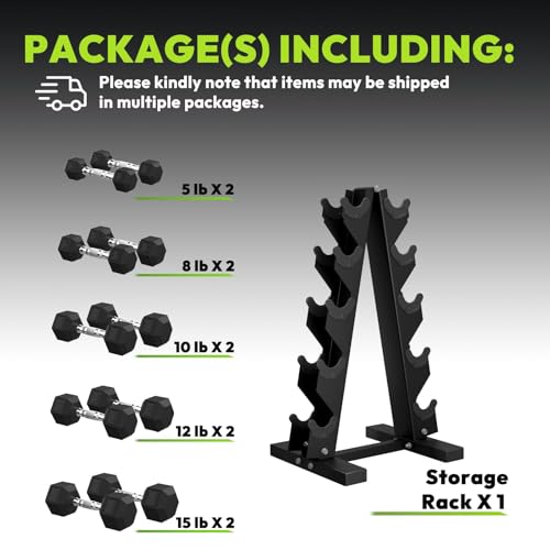 HANDBODE Rubber Coated Hex Dumbbell Set with A-Frame Rack, 100 lb - 600 lb Multiple Options Weight, Hexagon Non-Rolling Shape, Ergonomic Knurled Handle, Home Gym Equipment for Strength Training - style: 100 lb (5, 8, 10, 12, 15 lb) X 2 & Rack