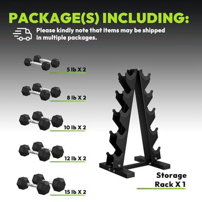 HANDBODE Rubber Coated Hex Dumbbell Set with A-Frame Rack, 100 lb - 600 lb Multiple Options Weight, Hexagon Non-Rolling Shape, Ergonomic Knurled Handle, Home Gym Equipment for Strength Training - style: 100 lb (5, 8, 10, 12, 15 lb) X 2 & Rack