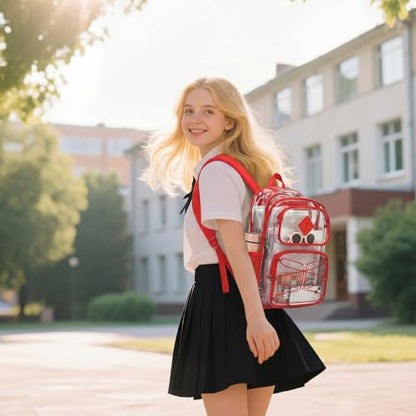 Clear Backpacks for Girls Women, Heavy Duty PVC Transparent Back Pack See Through Boys Kids Clear Bookbags for School Red - color: Red