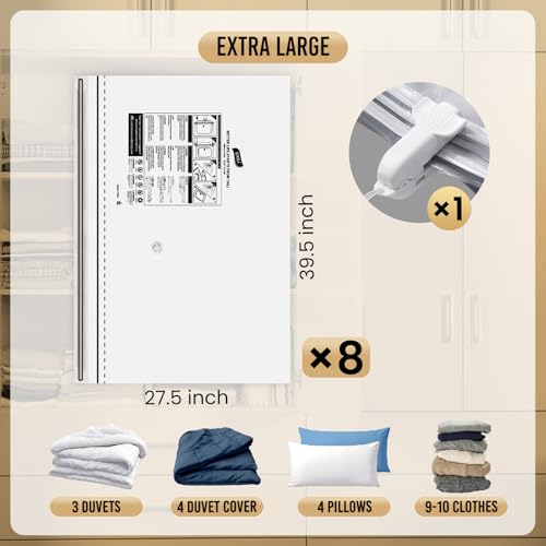 TAILI 8 Pack Vacuum Storage Bags, Jumbo Size 39x28 inch, LONG SIDE ZIP Vacuum Seal Bags for Beddings, Extra Large Storage Space Saver for Clothing, Comforters, Blankets, Pillows - size: 8 Jumbo